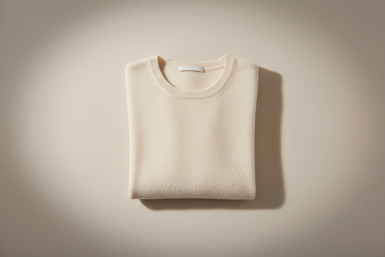 Image of a luxurious light ivory cashmere sweater perfectly folded. Picture taken from above. Clean, light neutral background with blurred edges. Luxurious and aesthetic image